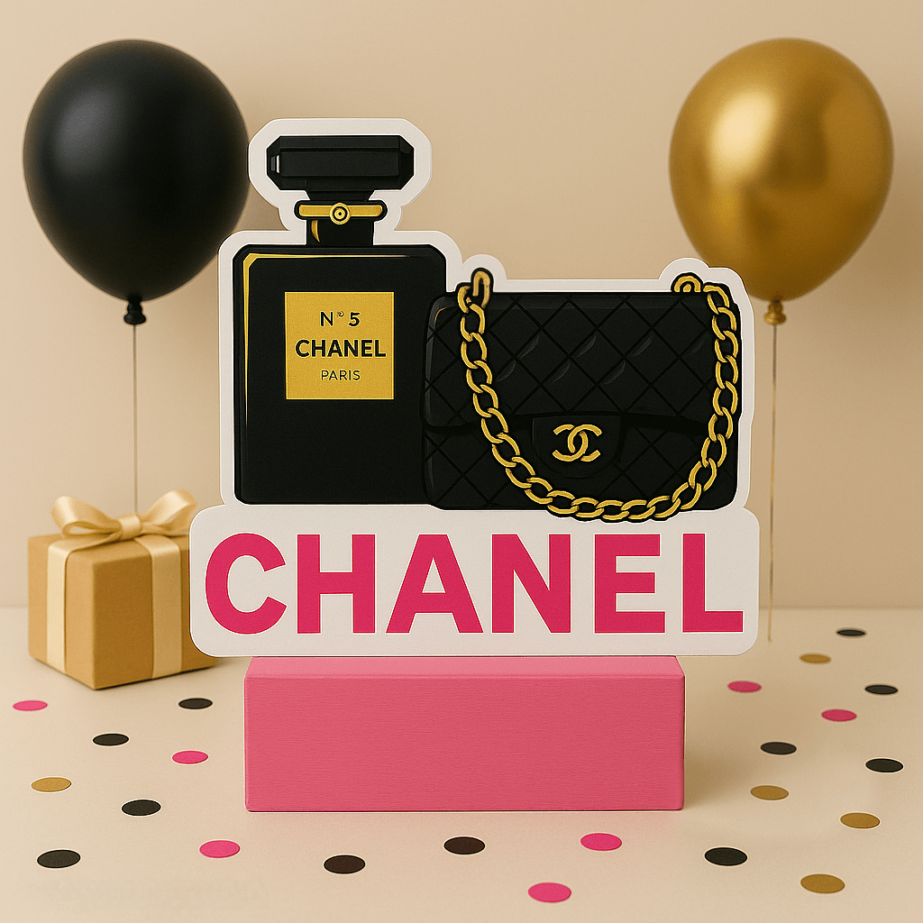 Elegant Chanel birthday centerpiece in pink and black glam style