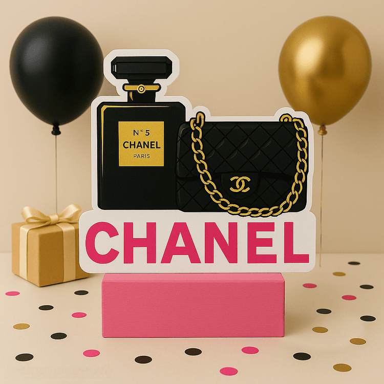 Elegant Chanel birthday centerpiece in pink and black glam style