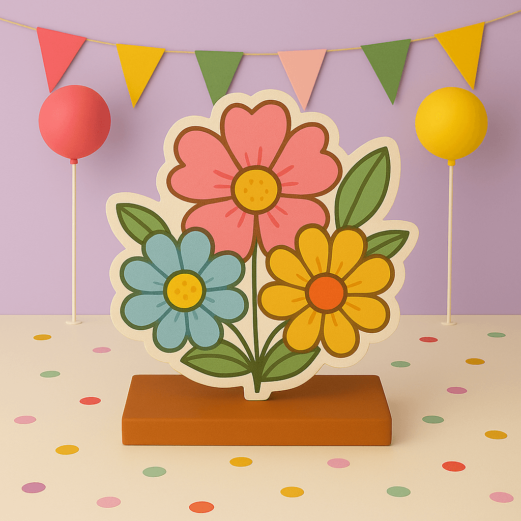 Handmade flower party decorations for birthdays, including cutouts, self-standing centerpieces, and floral cake toppers.