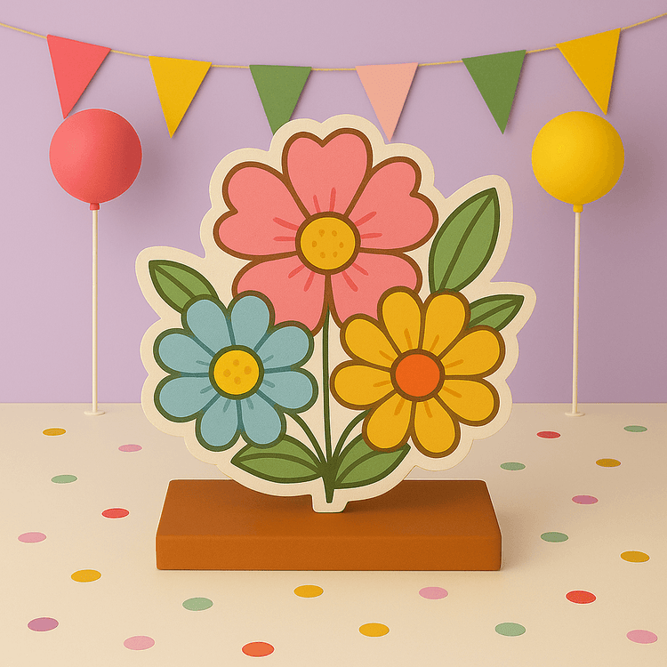 Handmade flower party decorations for birthdays, including cutouts, self-standing centerpieces, and floral cake toppers.
