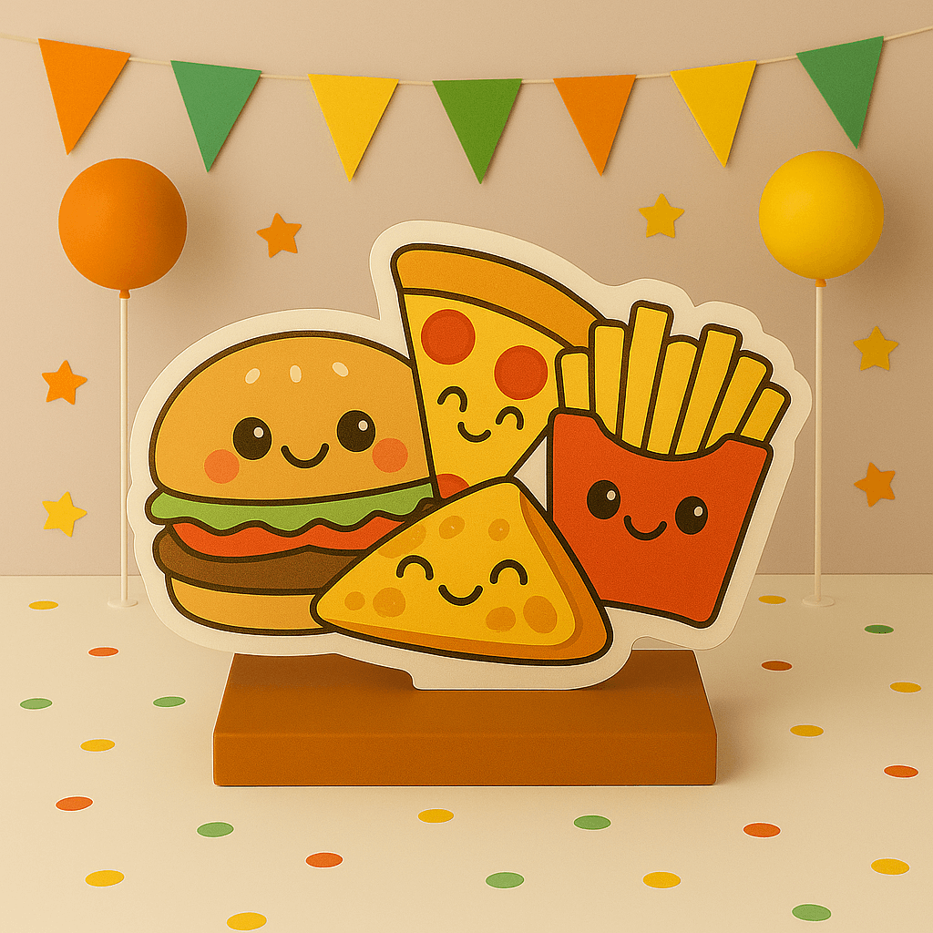 Food party decorations with ice cream, pizza, donut, taco and fruit foam cutouts, toppers and centerpieces for birthday parties