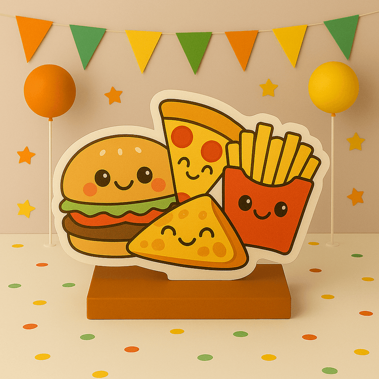 Food party decorations with ice cream, pizza, donut, taco and fruit foam cutouts, toppers and centerpieces for birthday parties