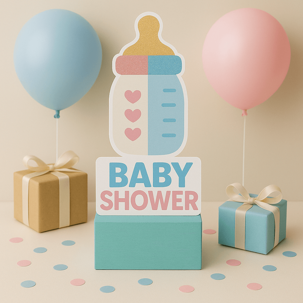 Baby shower decorations with foam centerpieces, gender reveal backdrop and cake toppers for neutral or themed parties