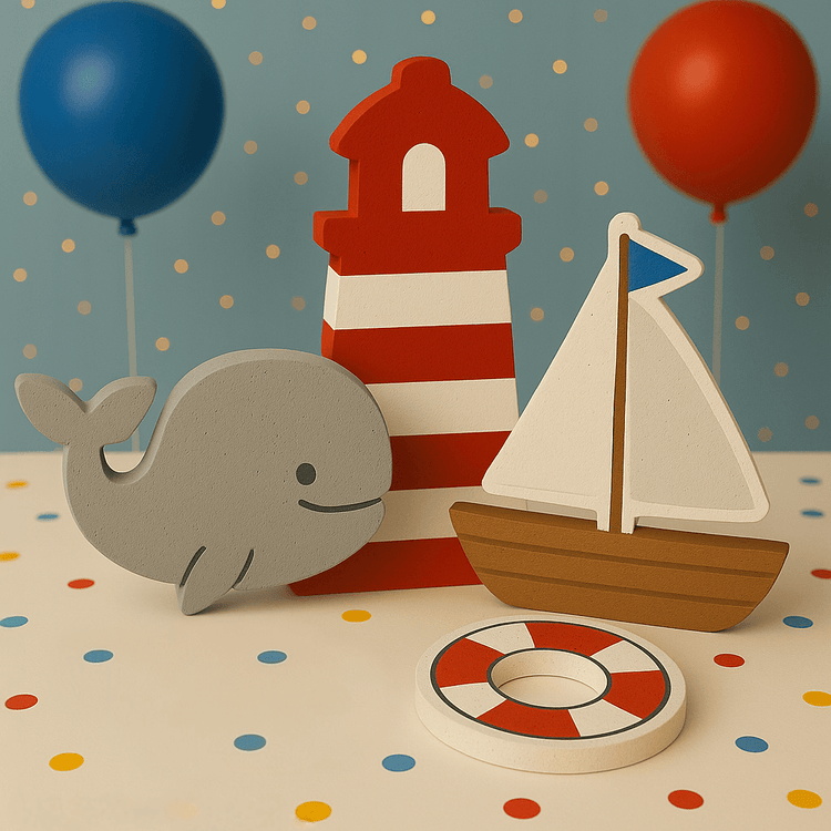 Nautical party decorations collection featuring handmade foam boat, anchor, lighthouse and ocean themed centerpieces