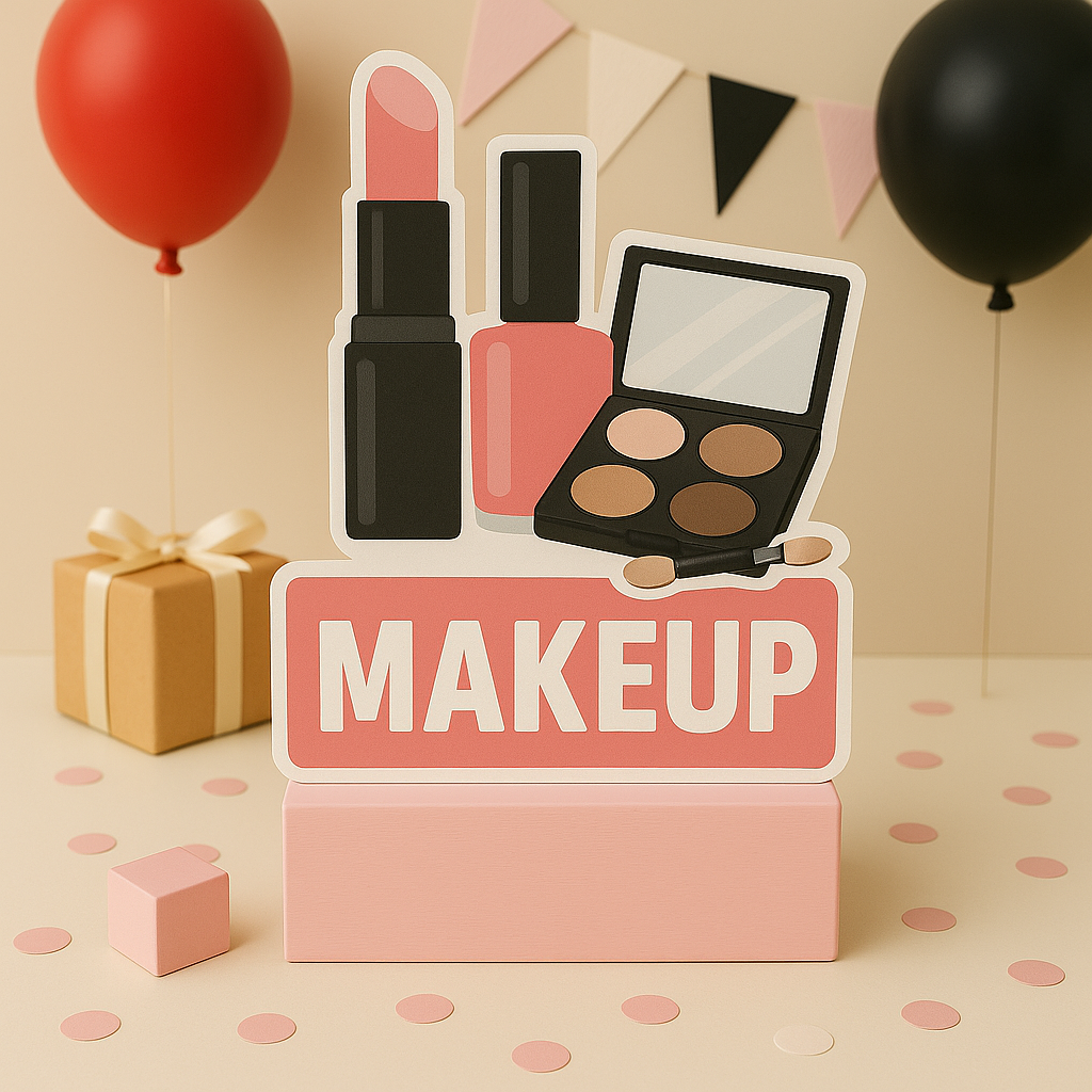 Handmade make up party decorations including nail polish centerpieces, lipstick cutouts, and birthday toppers for girls’ celebrations