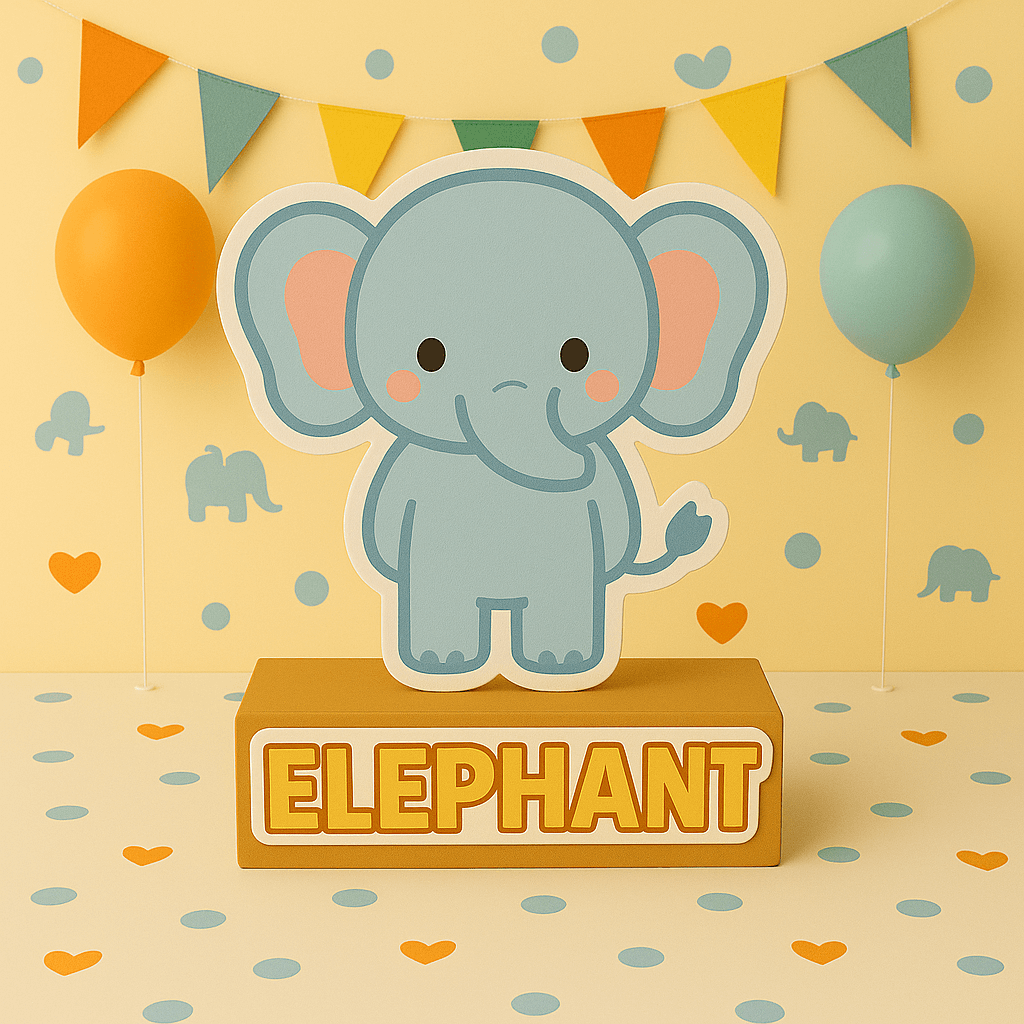 Handmade Elephant birthday decorations foam centerpiece, jungle safari party cutout for 1st birthday and baby shower.
