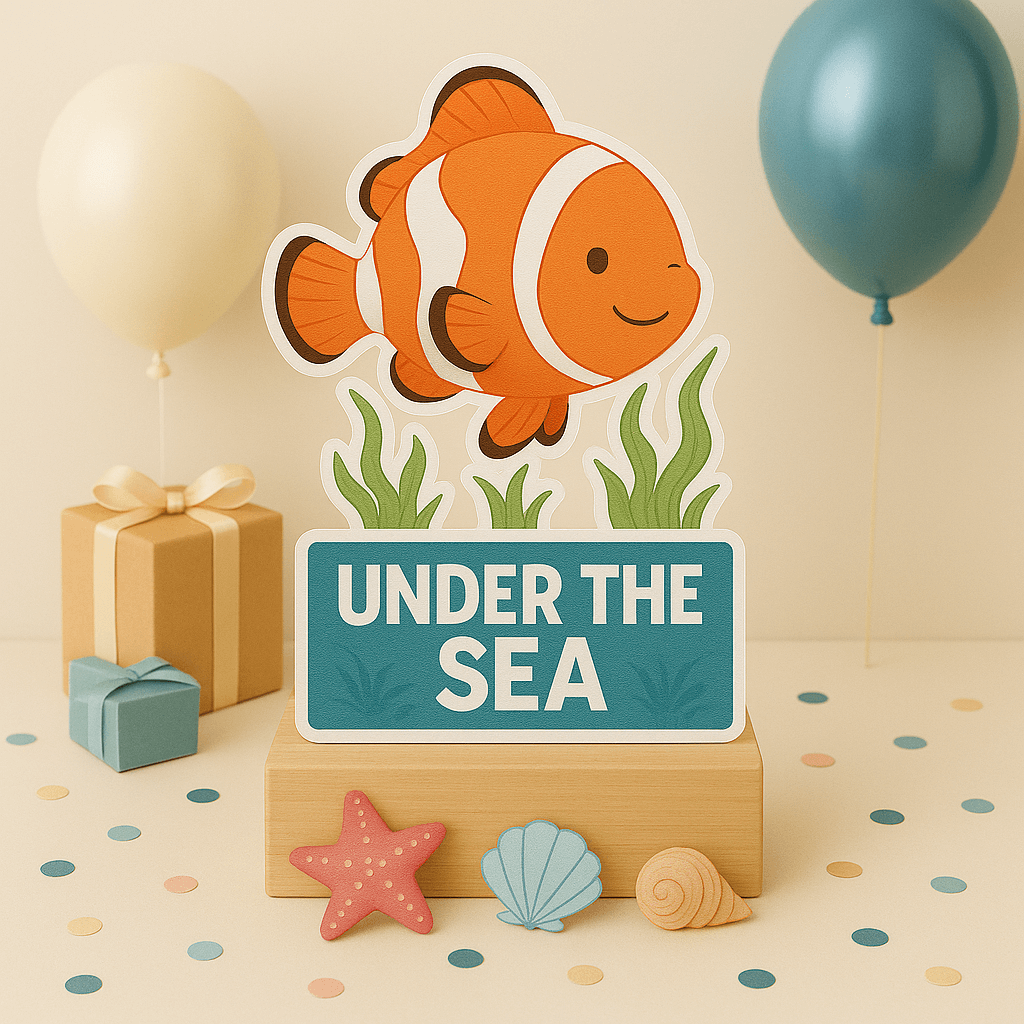 Under the Sea birthday centerpiece and foam cutouts for kids’ party decorations