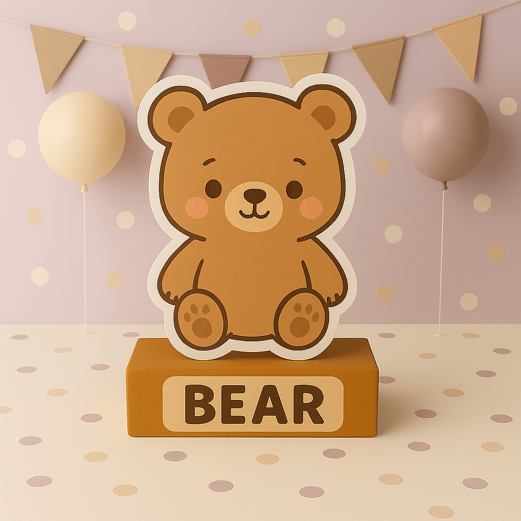 Handmade teddy bear cutouts and bear party decorations for a beary first birthday centerpiece or baby shower party setup.