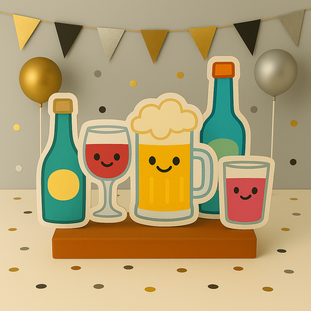 Drinks party decorations with cocktail cutouts, margarita supplies, wine glass centerpieces and beer bottle toppers