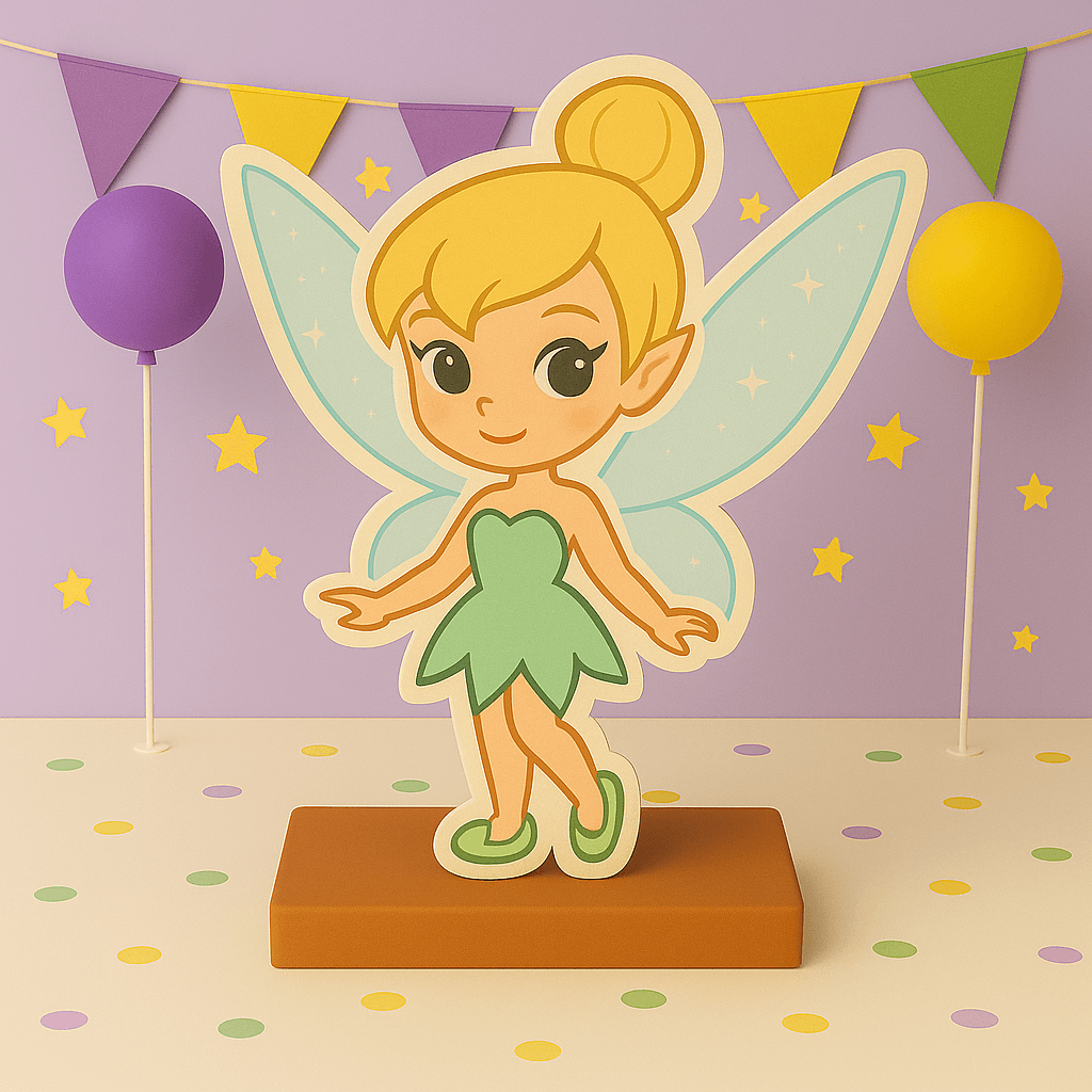 Tinkerbell party decorations with foam cutouts, birthday centerpieces and fairy cake toppers