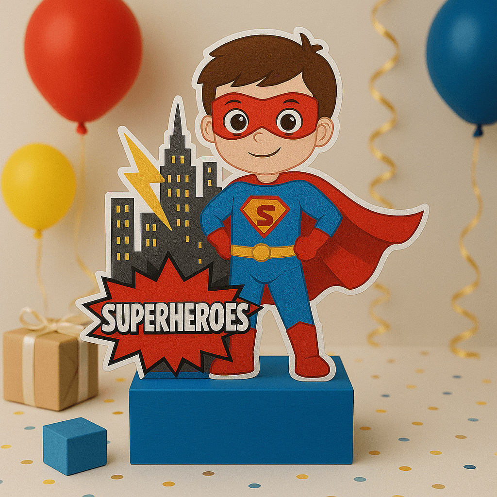 Handmade superhero birthday decorations – foam centerpieces and toppers for kids’ superhero parties