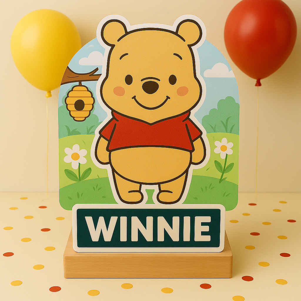 Winnie the Pooh party decorations collection with cake toppers, cupcake toppers, and foam centerpieces for baby shower and first birthday