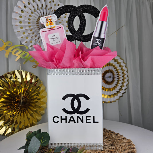 chanel birthday decorations Chanel inspired gift box centerpiece for glam Paris themed birthday party decor
