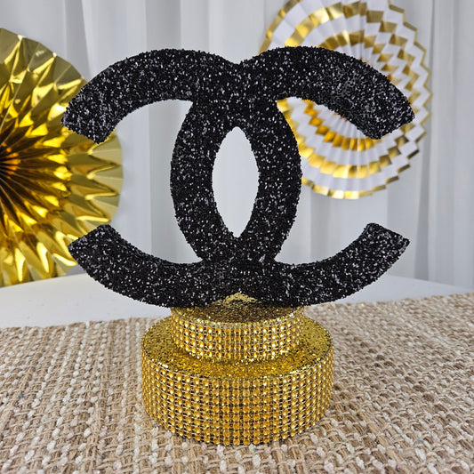 chanel logo birthday decorations Chanel-inspired birthday centerpiece with gold glam base for stylish parties