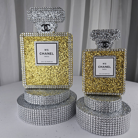 gold chanel birthday decorations Chanel inspired perfume centerpiece gold and silver luxury birthday party decoration Paris themed party decor