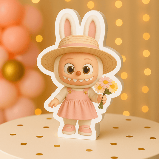 Labubu party decor centerpiece cutout for girl birthday decorations with flowers and straw hat