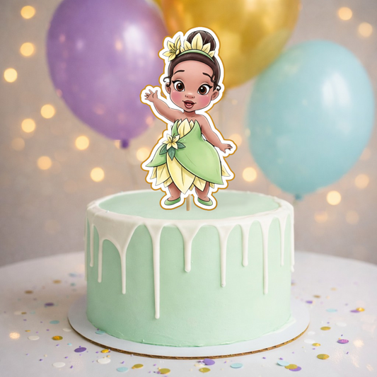 Princess Tiana birthday cake topper decoration on pastel green birthday cake for princess and the frog themed party